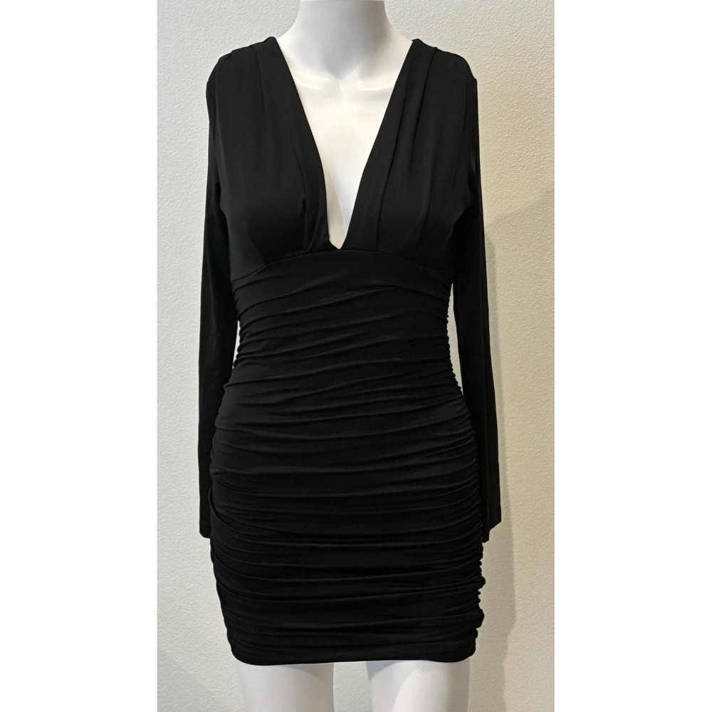 Black Bodycon Ruched Mini Dress Sz S Long‎ Sleeve Deep V-Neck Stretch Cocktail